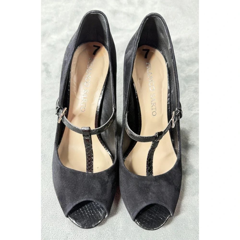Franco Sarto Shoes Womens Size 7 Black‎ Suede T Strap Peep Toe Mary Jane Heels